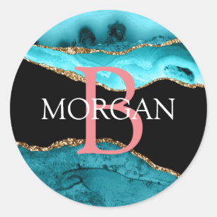 Sticker Rond Agate sarcelle, noir et or DIY Nom & Monogramme Co