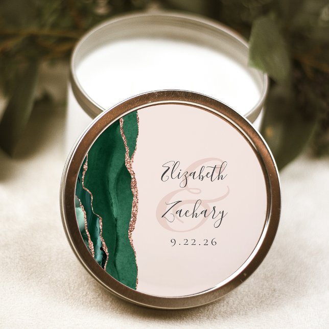 Sticker Rond Agate Script Émeraude Rose Gold Blush Mariage (Créateur téléchargé)