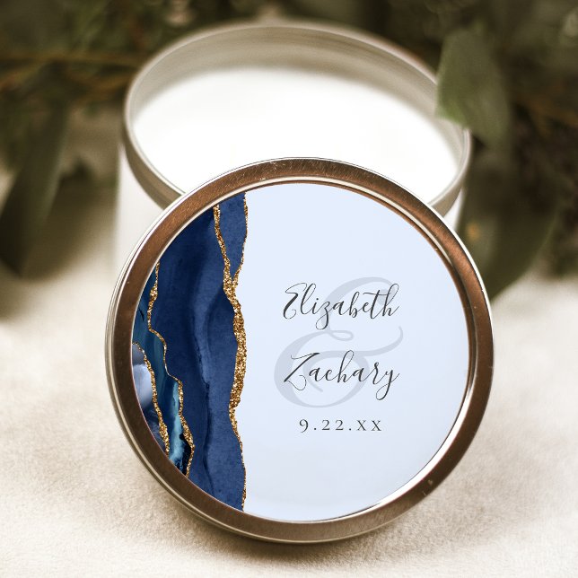 Sticker Rond Agate Script Navy Pale Blue Gold Wedding (Créateur téléchargé)