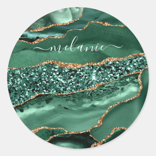 Sticker Rond Agate Vert Or Paillettes Géode Marbre Votre Nom (Devant)