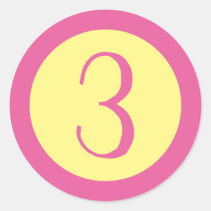 Sticker Rond Age 3 Numéro Texte rose personnalisable sur Jaune