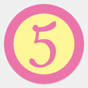 Sticker Rond Age 5 Numéro Texte rose personnalisable sur Jaune