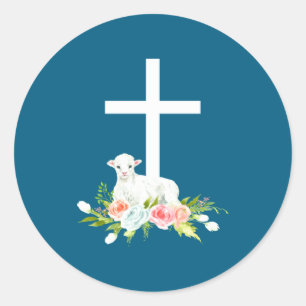 Sticker Rond Agneau de Pâques Fleurs Croix