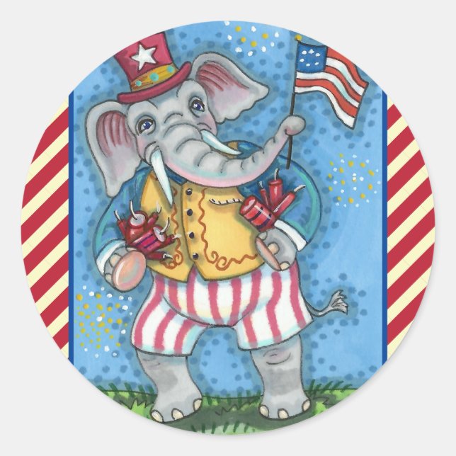 STICKER ROND AGRÉABLE PATRIOTIQUE ÉLÉPHANT WAVANT DRAPEAU AMÉRI (Devant)