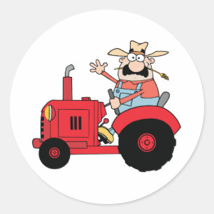 Sticker Rond Agriculteur heureux dans le tracteur rouge