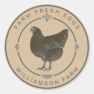 Sticker Rond Agritourisme Vintage Hen Oeufs Carton Beige