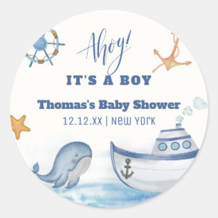 Sticker Rond Ahoy Boy Whale Baby shower de bateau à voile