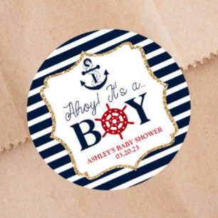 Sticker Rond Ahoy C'est un garçon Baby shower bleu nautique Fav