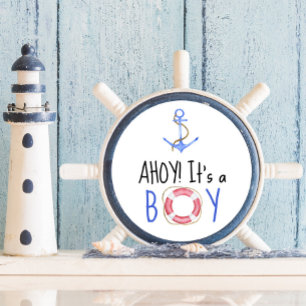 Sticker Rond Ahoy C'est un garçon ! Baby shower nautique