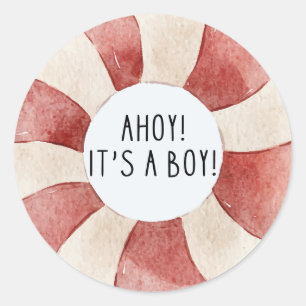 Sticker Rond Ahoy c'est un garçon bleu baby shower de voilier M