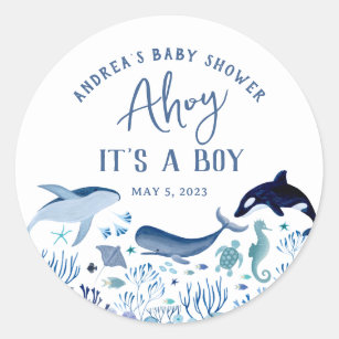 Sticker Rond Ahoy C'est un Garçon Bleu sous le Baby shower mari