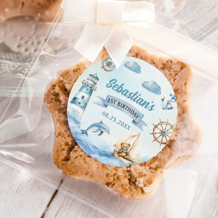 Sticker Rond Ahoy Sailor Nautical Boat Blue 1er anniversaire