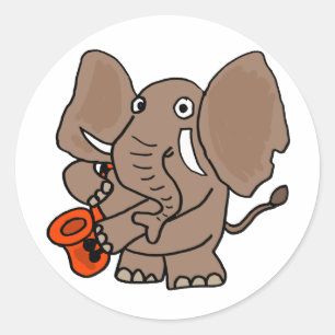 Sticker Rond AI éléphant jouant la bande dessinée de saxopho