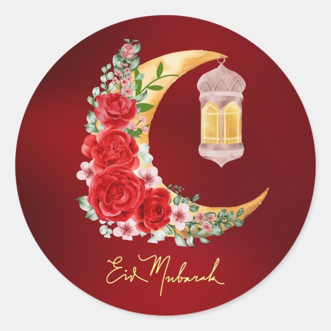 Sticker Rond Aïd Moubarak Croissant rouge Floral Lanterne islam (Devant)