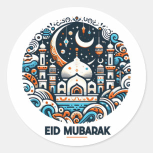 Sticker Rond Aïd Moubarak Décoré Croissant Coloré Mosquée Art