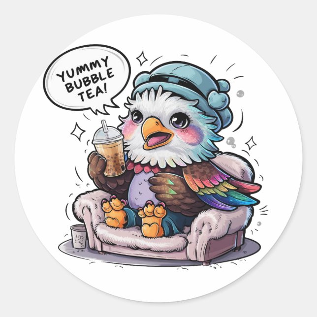Sticker Rond Aigle de dessin adorable : Cosy, Kawaii Vibes (Devant)