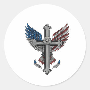 Sticker Rond Aigle Patriotique Croix Gravure Vintage Vecteur Dé