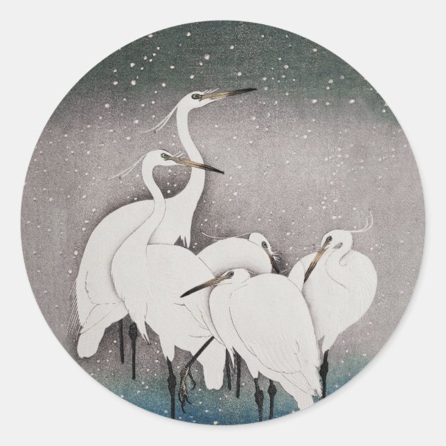 Sticker Rond Aigrettes japonaises Grues Koson Neige d'hiver (Devant)