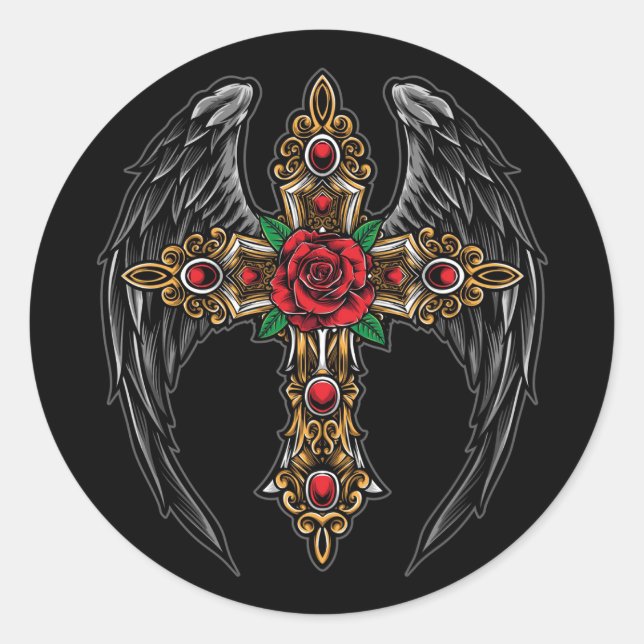 Sticker Rond Ailes Crucifix et fleurs (Devant)