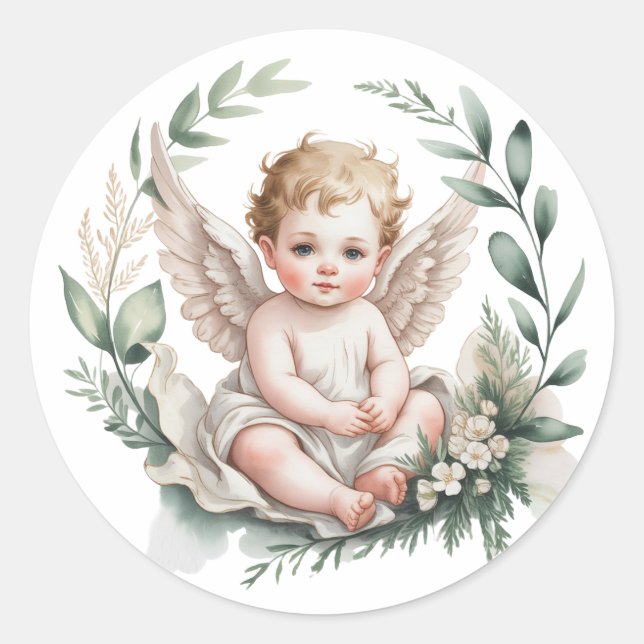 Sticker Rond Ailes d'ange à l'aquarelle Baptême  (Devant)