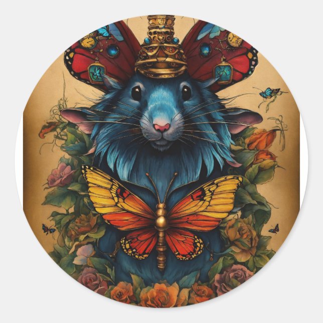 Sticker Rond Ailes de sagesse : Cyberpunk Papillon Rat King Tat (Devant)