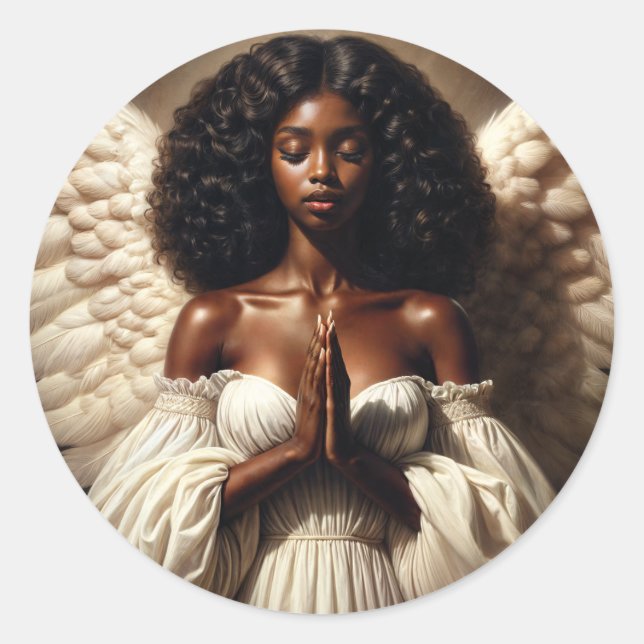 Sticker Rond Aimant Ange Noir Fille Priant (Devant)