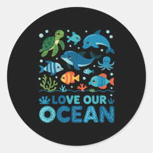 Sticker Rond Aimez notre océan - animaux marins vie marine