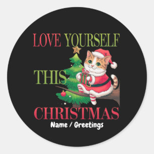 Sticker Rond Aimez-vous ce Noël Chat de Noël Mignon
