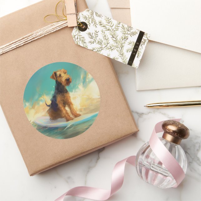 Sticker Rond Airedale Beach Surf Peinture (Cadeaux)
