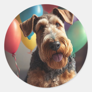 Sticker Rond Airedale chien avec gâteau et ballons