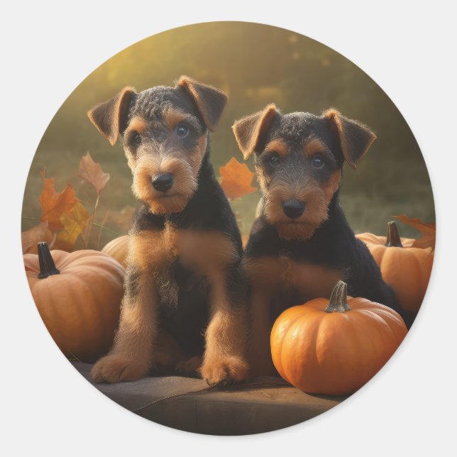 Sticker Rond Airedale Chiot Automne Citrouille délice (Devant)