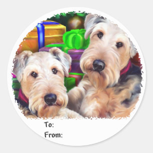 Sticker Rond Airedale Noël Ouvrir maintenant Tags cadeaux