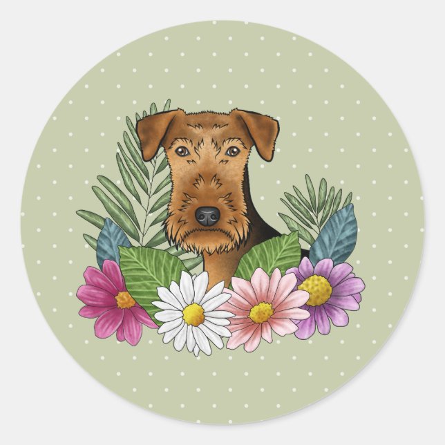 Sticker Rond Airedale Terrier Chien Coloré Fleur sauvage Vert (Devant)