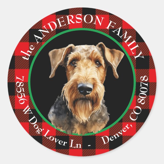 Sticker Rond Airedale Terrier Dog Buffalo Plaid Adresse de reto (Devant)