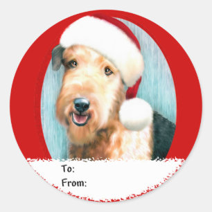 Sticker Rond Airedale Terrier Père Noël Cadeaux de Noël Tags