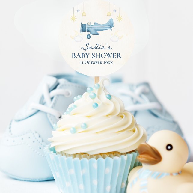 Sticker Rond Airplane Baby Shower Whimsical Boy Baby Welcome  (Créateur téléchargé)