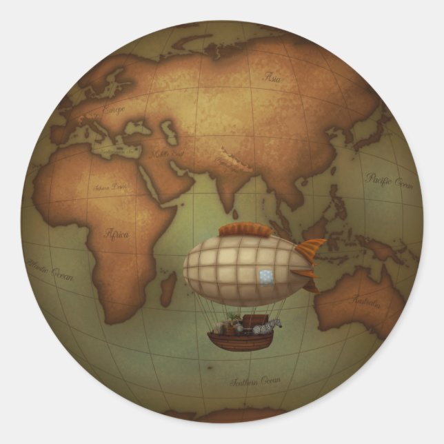 Sticker Rond Airship Flying Over Eastern Hemisphere Map (Devant)