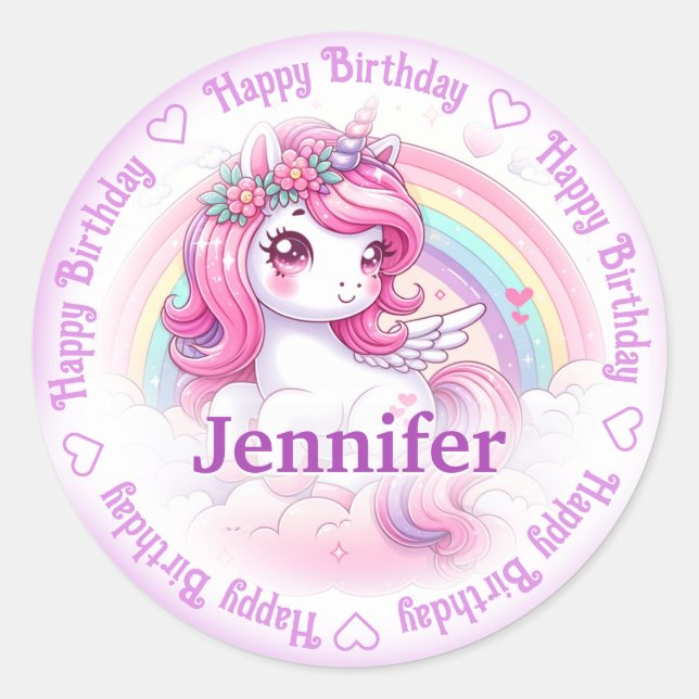 Sticker Rond Ajouter un nom Joyeux Anniversaire Unicorn (Devant)