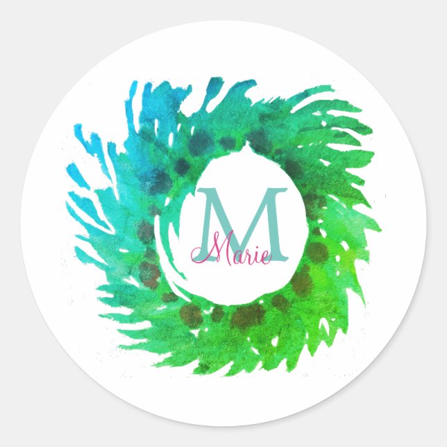 Sticker Rond Ajouter une couronne de Noël vert rose monogramme (Devant)