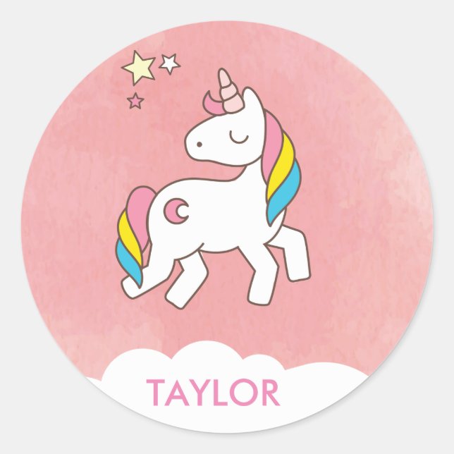 Sticker Rond Ajouter Votre Nom Cute Magique Unicorn Personnalis (Devant)