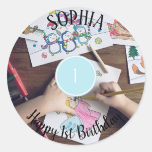 Sticker Rond Ajouter votre propre photo 1er Anniversaire Nom St