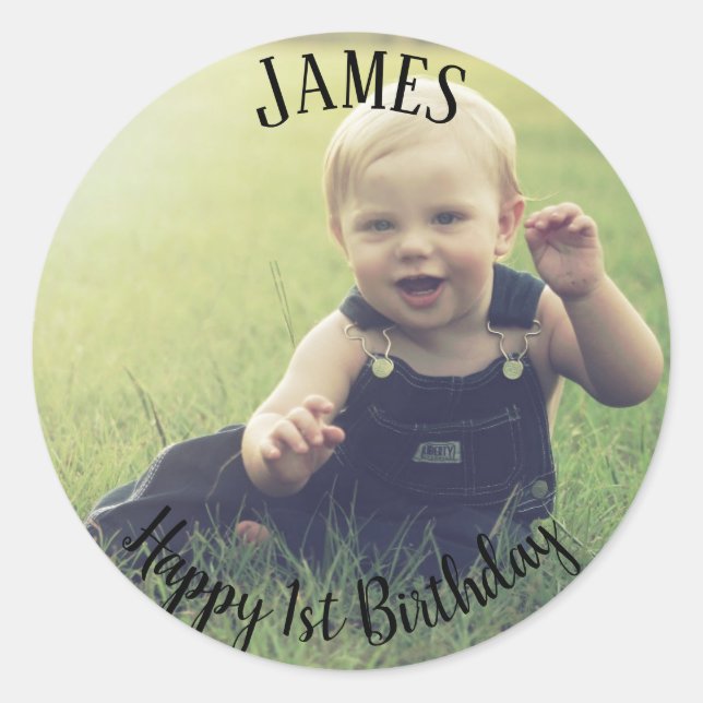 Sticker Rond Ajouter votre propre photo 1er Anniversaire Nom St (Devant)