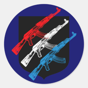 Sticker Rond AK 47, rouge, blanc et bleu