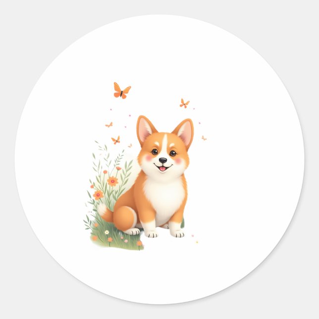 Sticker Rond Akita Chien avec Fleur et T-shirt Papillon (Devant)