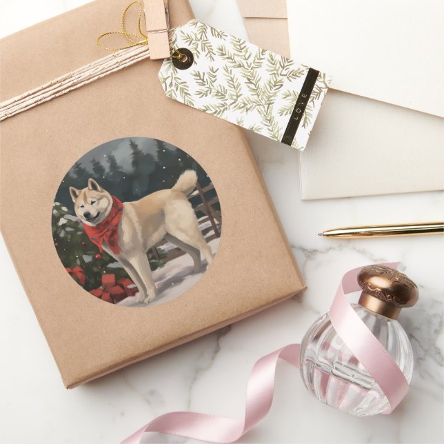 Sticker Rond Akita Chien dans Noël de neige (Cadeaux)