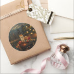 Sticker Rond Akita Christmas Festive Voyage<br><div class="desc">Jetez un coup d'oeil à la magie de la saison des Fêtes avec cette illustration magnifiquement détaillée, montrant un chien fier assis dans un bateau à la décoration festive, glissant à travers un lac serein de Noël. Les lumières scintillantes des pins voisins se reflètent dans l'eau, projetant une lumière chaude...</div>
