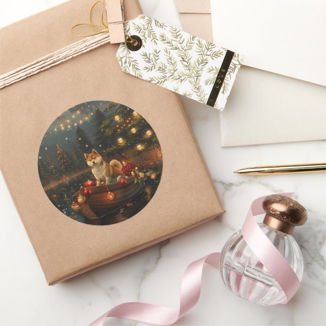 Sticker Rond Akita Christmas Festive Voyage (Cadeaux)