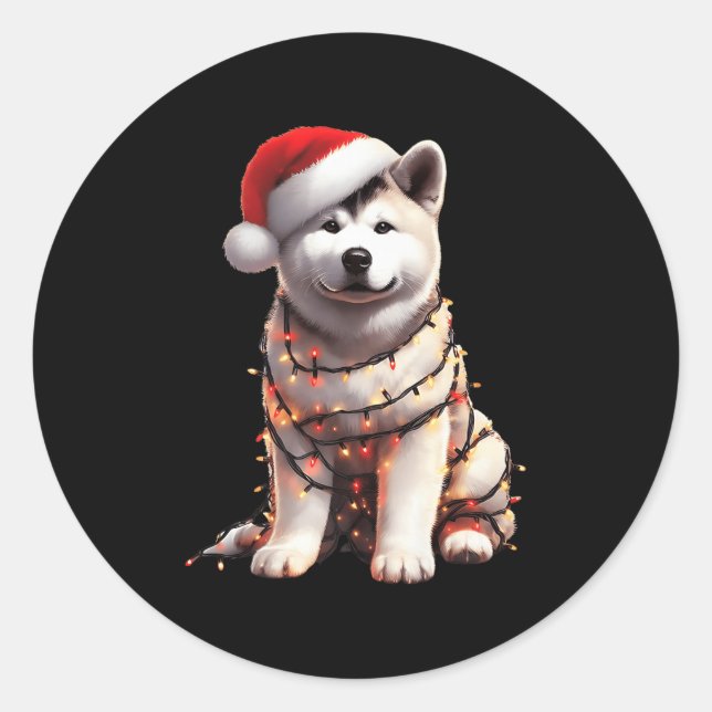 Sticker Rond Akita Dog Christmas Lights Santa Hat Dog Lover Pre (Devant)