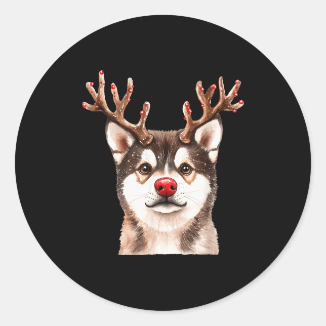 Sticker Rond Akita Reindeer Christmas Lights Dog Lover Xmas Paj (Devant)