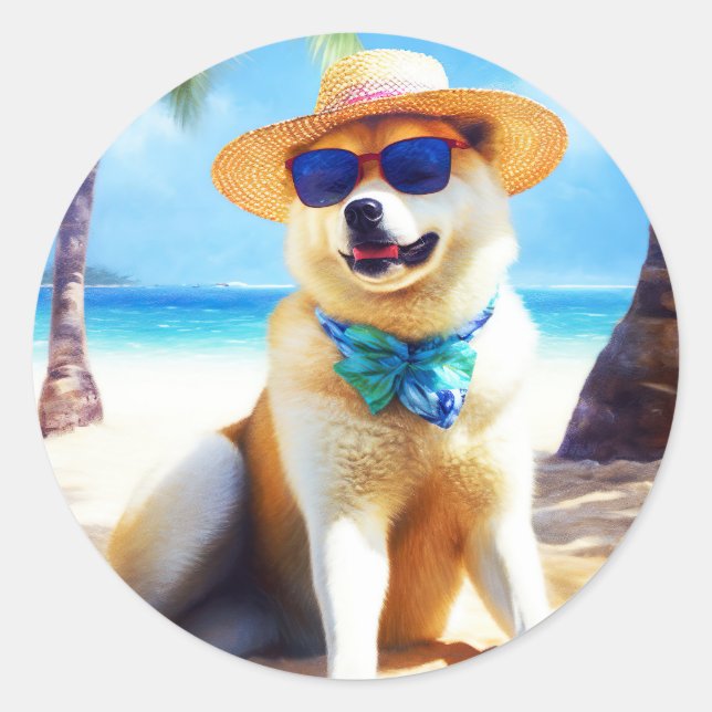 Sticker Rond Akita sur la plage, cadeau d'été pour les amoureux (Devant)